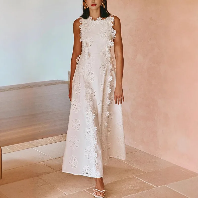 Sommer-Partykleid für Damen, lässig, Frühling, lockerer O-Ausschnitt, Spitze, Applikationen, Bandage, ärmellos, aushöhlen, Strandurlaub, langes Kleid