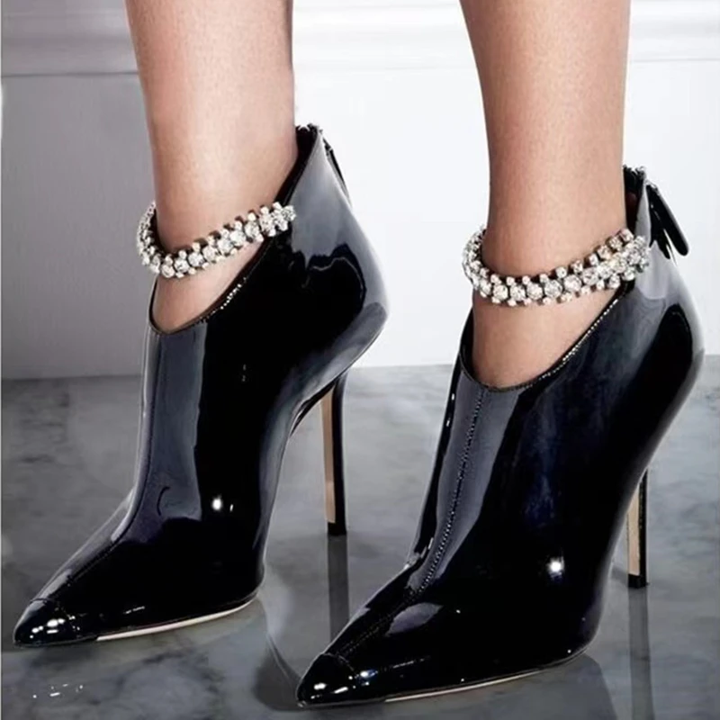 High Heel Women's Booty Ankle Diamonds Strap Pointed Toe Ankle Boots Patent Leather Back Zipper Black Shoes Size 45