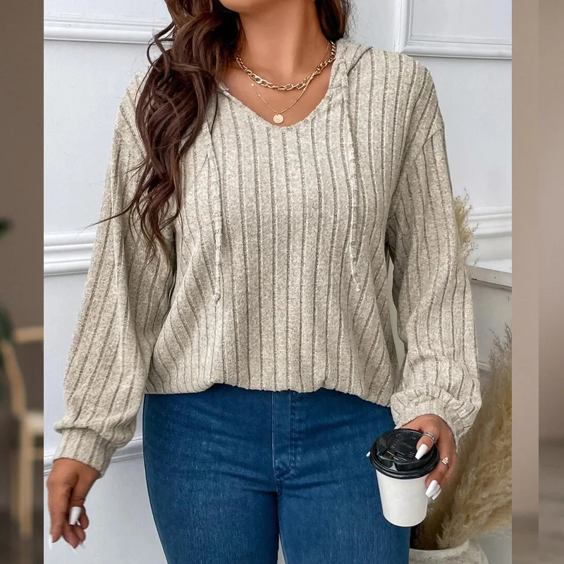 2023 Spring Autumn Solid Color Fashion Hooded Long Sleeve Hoodies Women Loose Casual Drawstring Striped All-match Pullovers