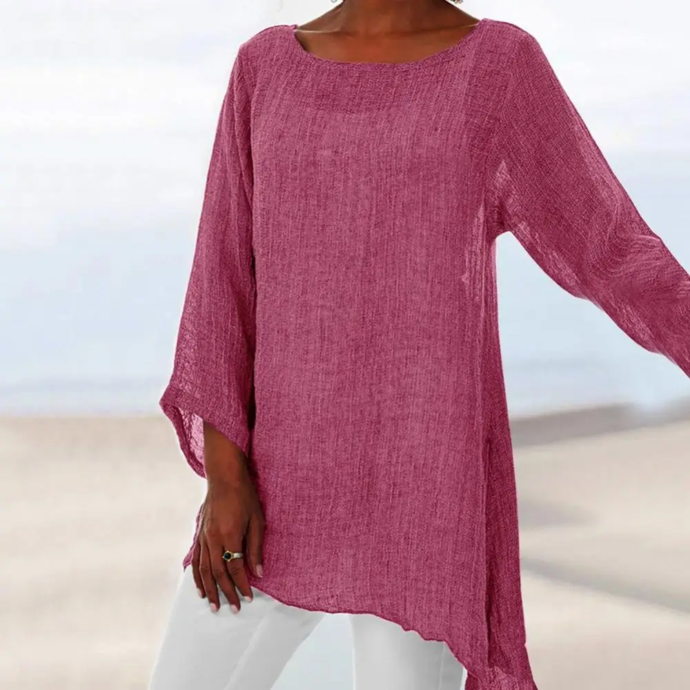 

Loose Women Top Plus Size Casual T-Shirt Irregular Solid Color Long Sleeve T Shirt Linen O-Neck Tunic Tshirt 2021