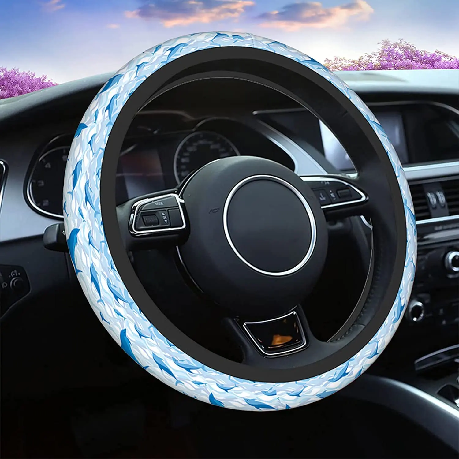

Swimming Dolphin Steering Wheel Cover Cartoon Swimming Dolphin On Sea Wave Blue Background Universal 15 Inch