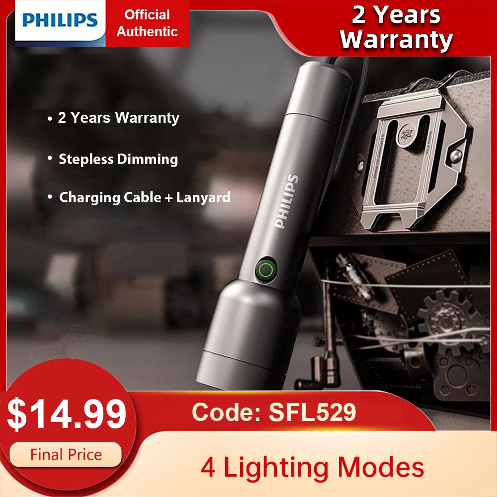  Philips Outdoor LED Rechargeable Flashlight Portable Powerful Bright Flashlights Camping Lamp for Outdoor Hiking Self Defense