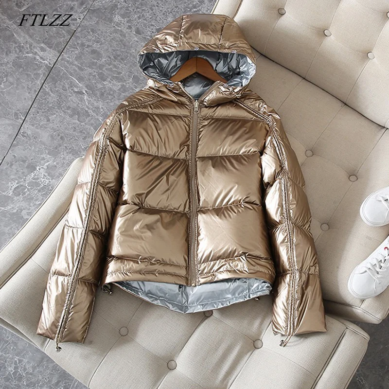 

FTLZZ Silver Pink Down Coat Winter Jacket Women Hooded White Duck Down Parkas Female Loose Double Sided Waterproof Outerwear