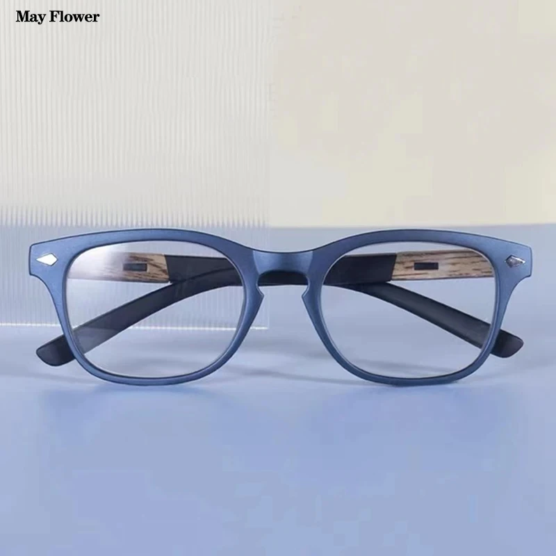 Retro Wood Grain Reading Glasses Men Women Unbreakable Square Full Rim High Quality Magnifying Presbyopic Glasses Blue +150 250 6