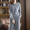100% Cashmere Wool Set 22 New Women's Long Sleeve Hooded Sweater Casual Loose Knitted Long Wide Leg Pants Women's Pure Wool  sui 1