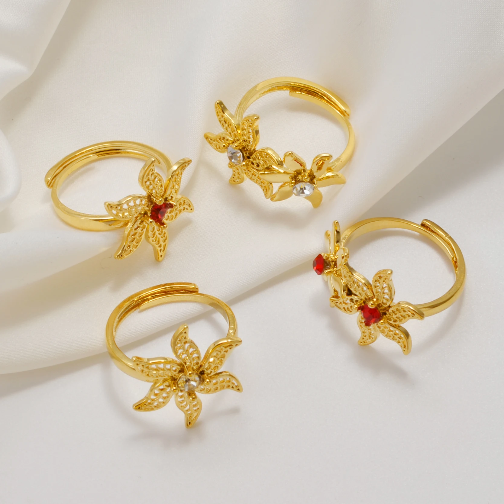 Anniyo African Flowers Rings With Red and Clear Rhinestone for Women Girls Gold Plated Mayotte Jewelry #345306 5