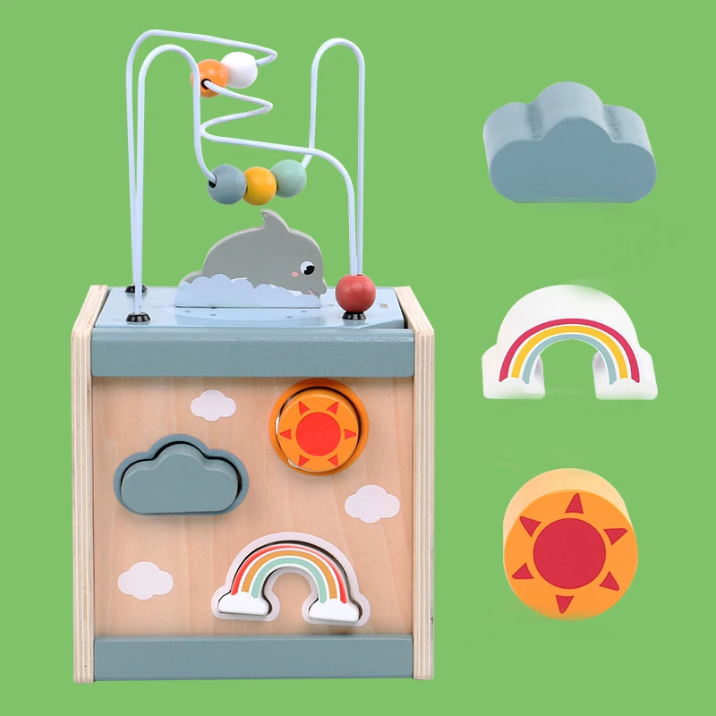 Wooden Activity Cube For Toddlers 5in1 Animal Shape Sorter Bead Maze Montessori Educational Baby 6-12 Months Learning_voghion.com