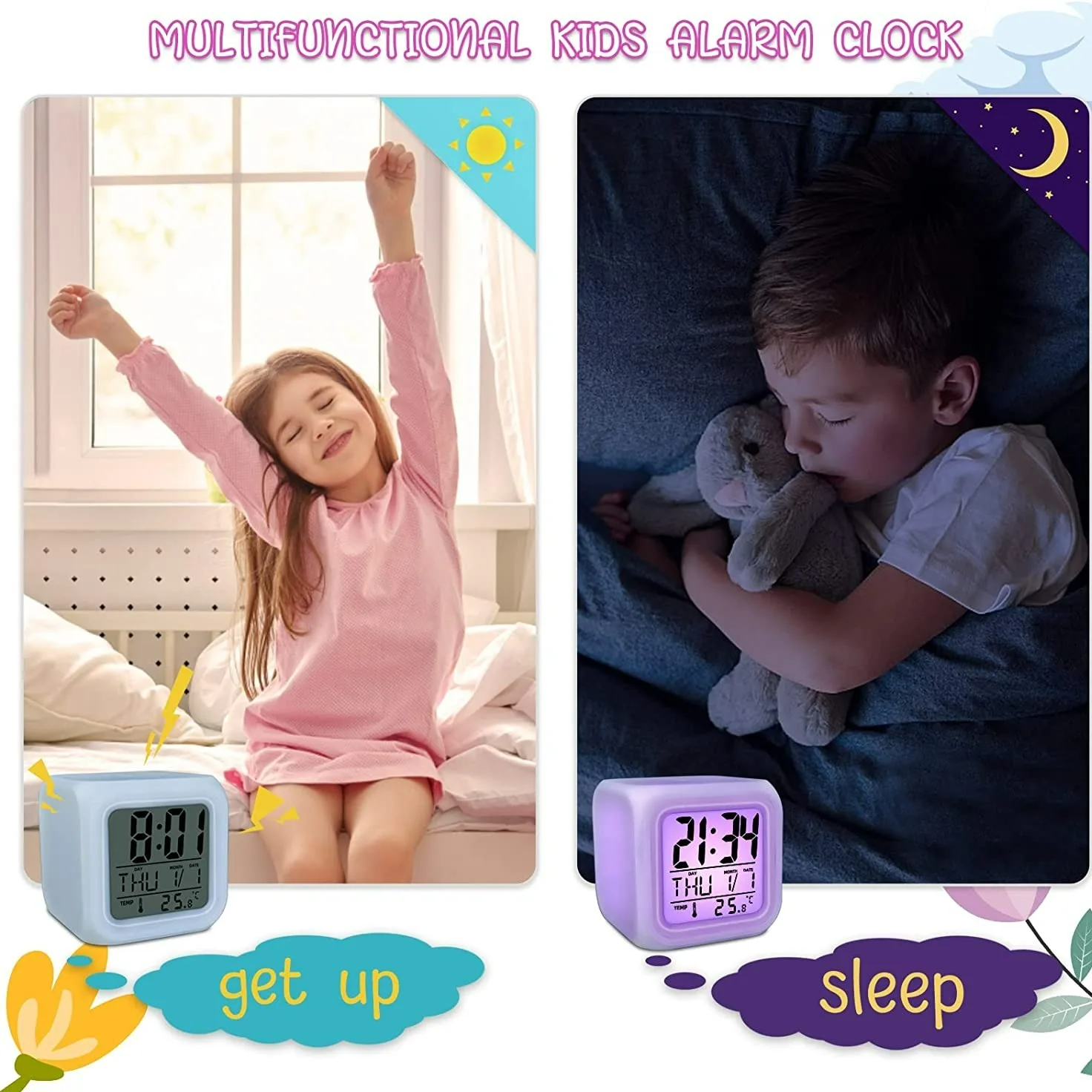 Table Clock Mini Desk Clock 1pc Lovely Colorful change Alarm Clock Cube Alarm Clock Creative Home Luminous Small Clock