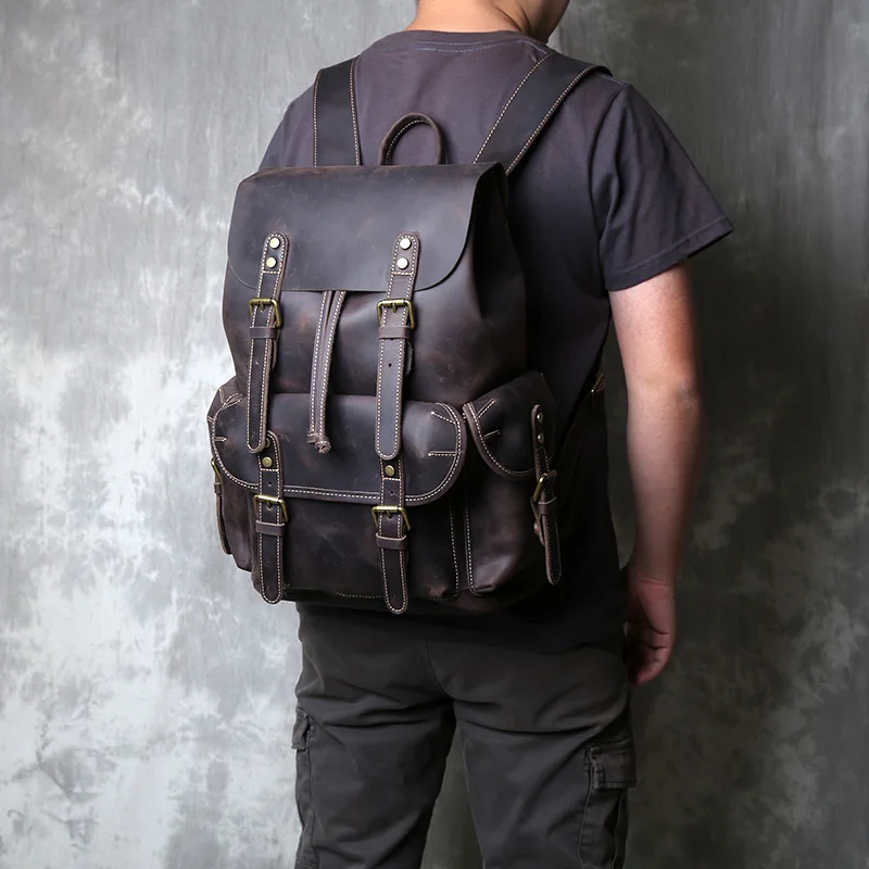 Men's Handmade Crazy Horse Leather Travel Bag Vintage Top Layer Leather Large Capacity Fashion Simple Drawstring Backpack