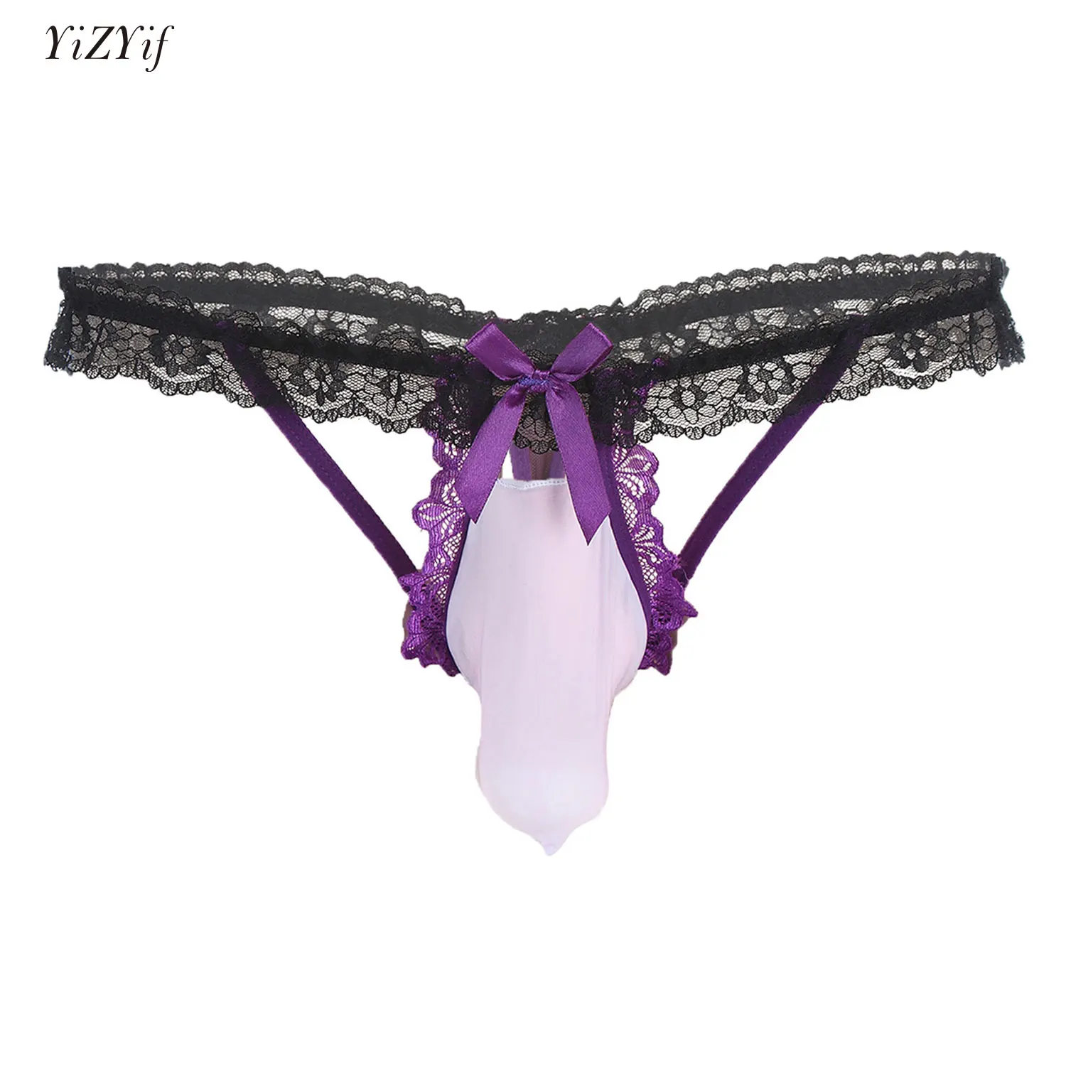 

Mens Floral Lace Elastic Waistband Thong Sissy Underwear Contrast Color Bowknot Bulge Pouch G-string Cutout T-back Lingerie