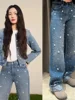Women Denim Set Pearl Flower Embellished 2025 Spring Lady O-Neck Single Breasted Short Jacket or High Waisted Straight Jeans 1
