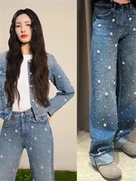 Women Denim Set Pearl Flower Embellished 2025 Spring Lady O-Neck Single Breasted Short Jacket or High Waisted Straight Jeans 1