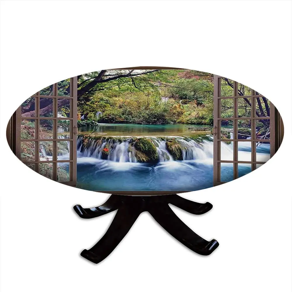 

Waterfall Round Fitted Tablecloth Forest Waterfall Elastic Edge Waterproof Table Cover Dining Tables Buffet Parties and Camping