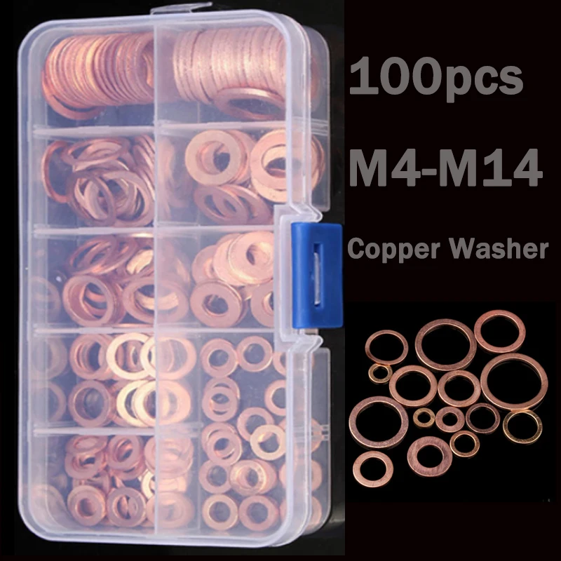

100Pcs Copper Washer Gasket Nut And Bolt Set Flat Ring Seal Assortment Kit With Box M4/M5/M6/M8/M10/M12/M14 For Sump Plugs