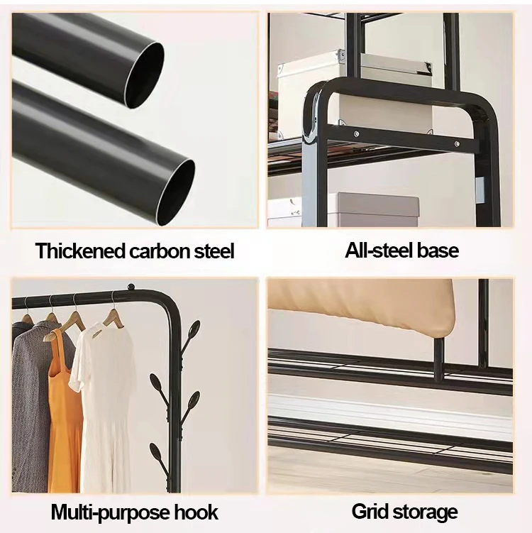 Garment Rack Floor Standing Clothes Hanger Double Pole Coat Rack Wardrobe Clothing Drying Rack Mobile Cloth Rail Home Furniture 4
