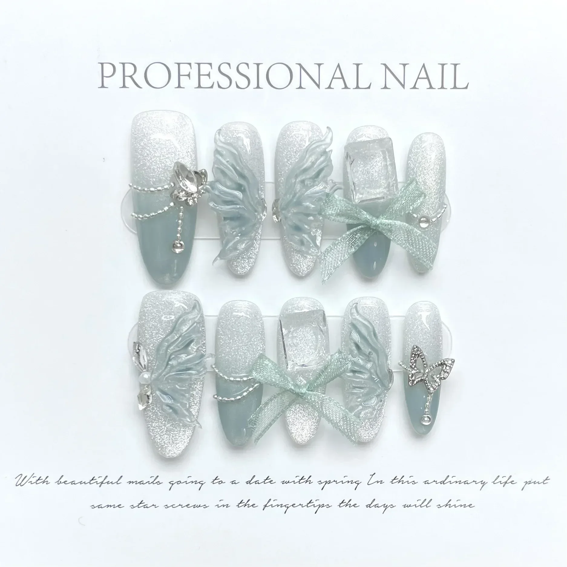 

10Pcs Green Butterfly Handmade Cat Eye Press on Nails Wearable Rhinestones False Nails Ballet Glitter Decoration Nail Tips Art