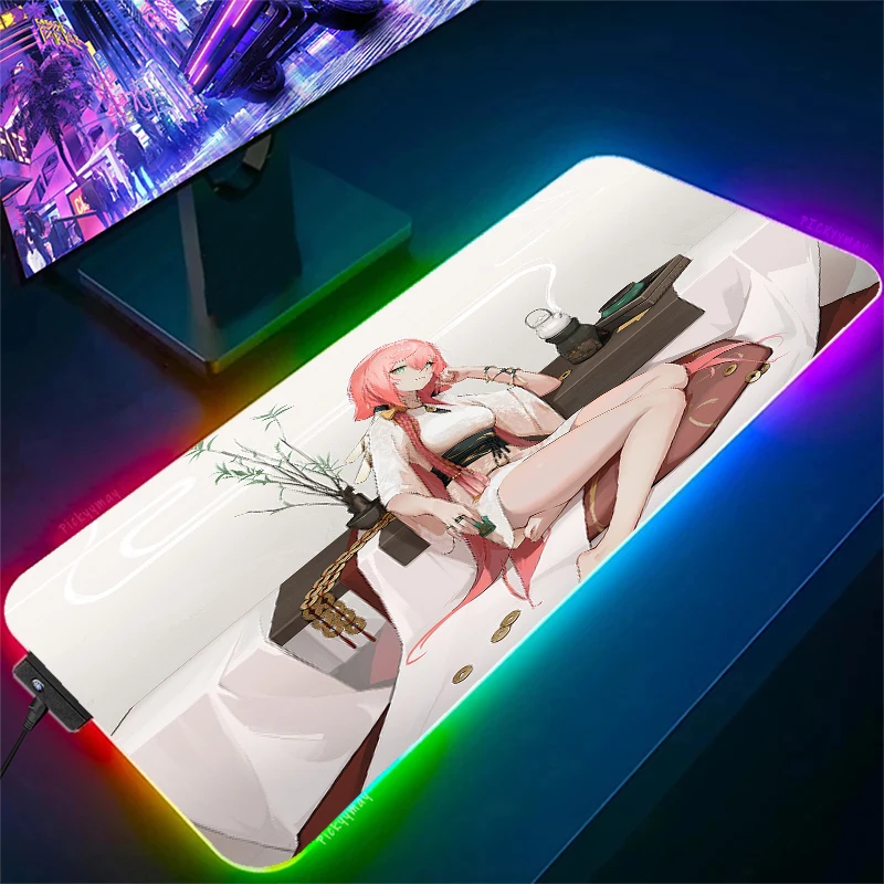

Genshin lmpact Yae Miko mouse pad RGB gaming mouse mat gamer rubber non-slip computer desk pad gaming mouse pads backlight