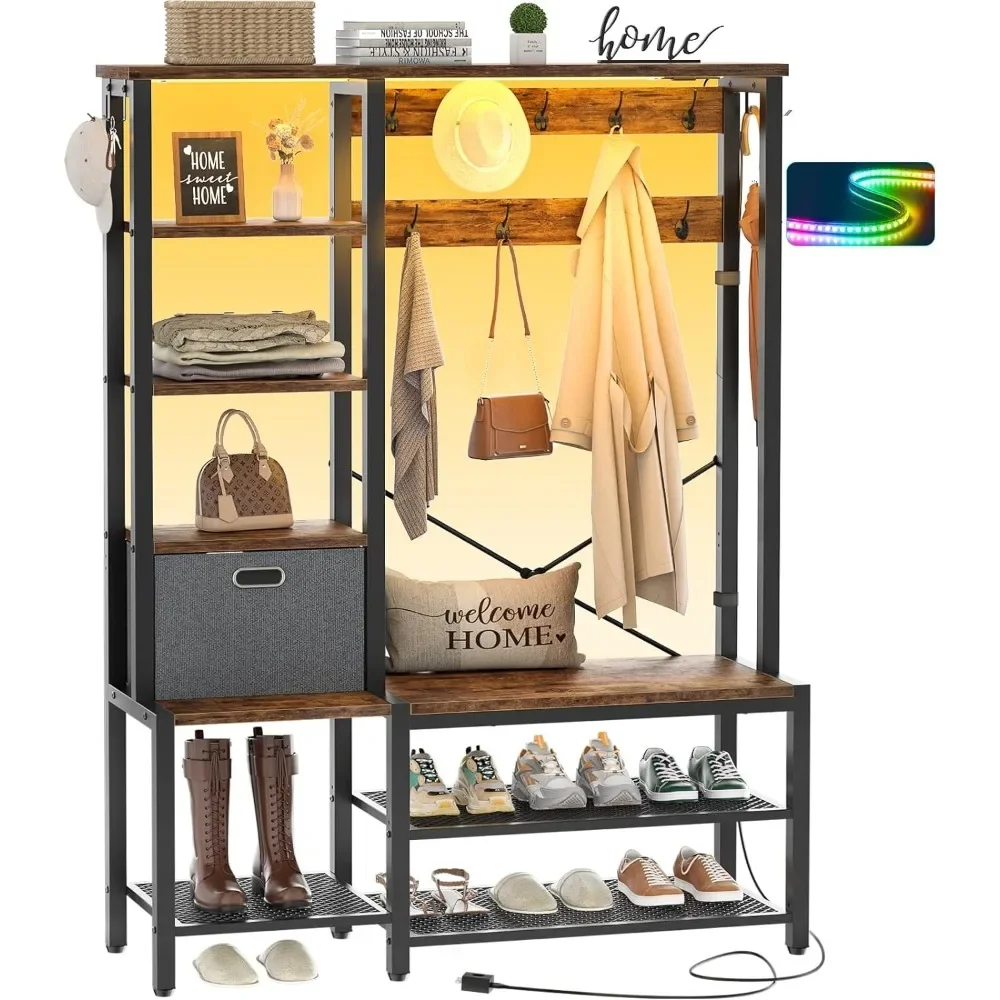 

Tree with Storage Bench, Coat Rack with LED Lights, 5-Tier Shelves, Fabric Storage Basket, Side hooks,