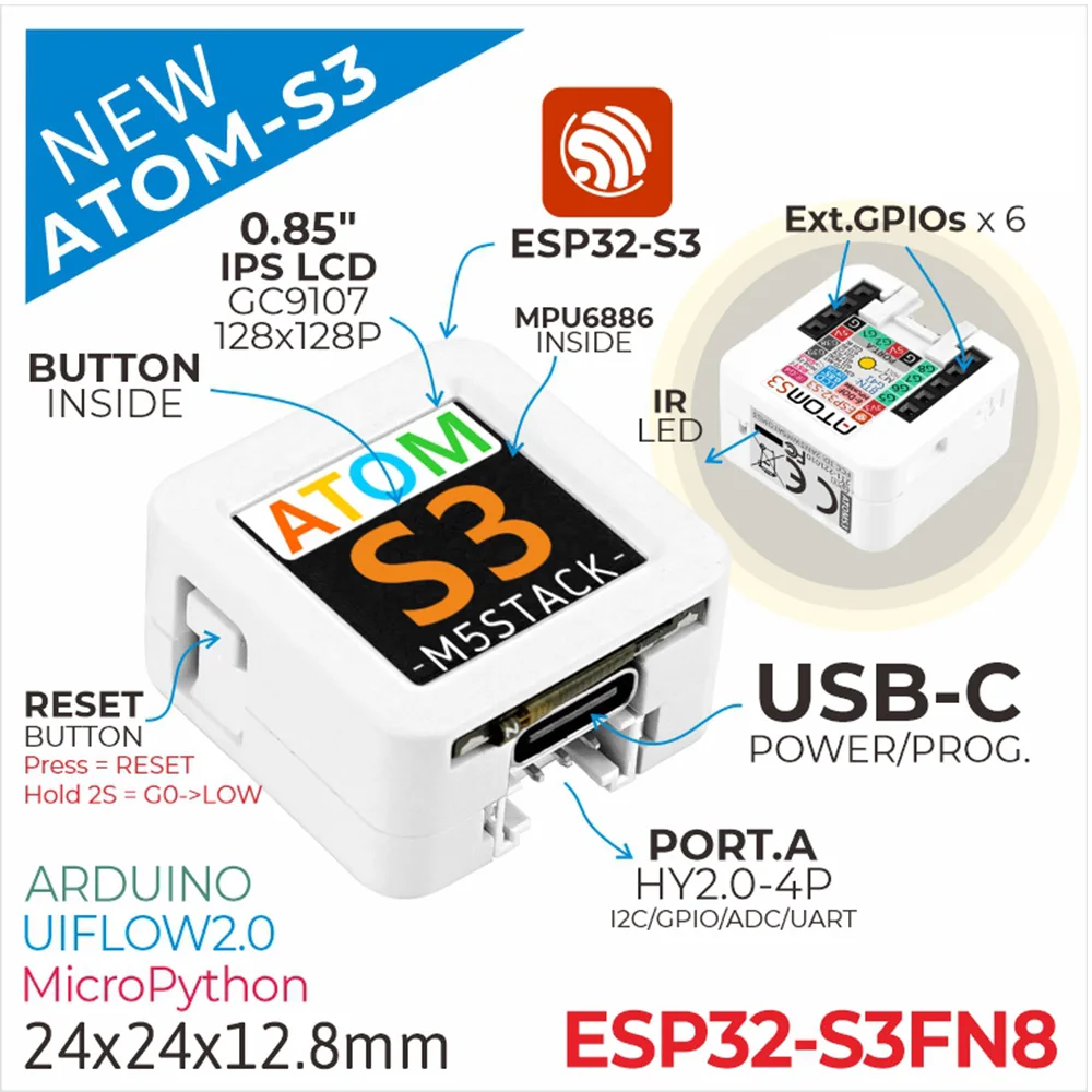 Official  AtomS3 ESP32-S3 High integration IoT programmable controller paired wi