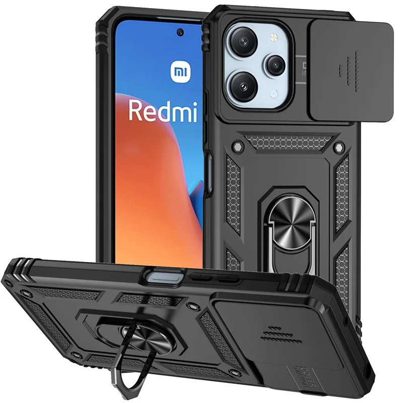 Enhanced Shockproof Armor Phone Case with Ring Holder and Slide Lens Protector for Xiaomi Redmi 12 4G (2023)