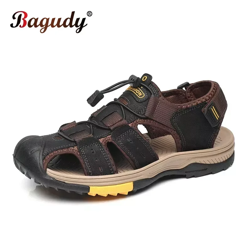 

High Quality Summer Men Genuine Leather Sandals Outdoor Sneakers Men Casual Beach Sandals Non-Slip Summer Roman Men Wading Shoes