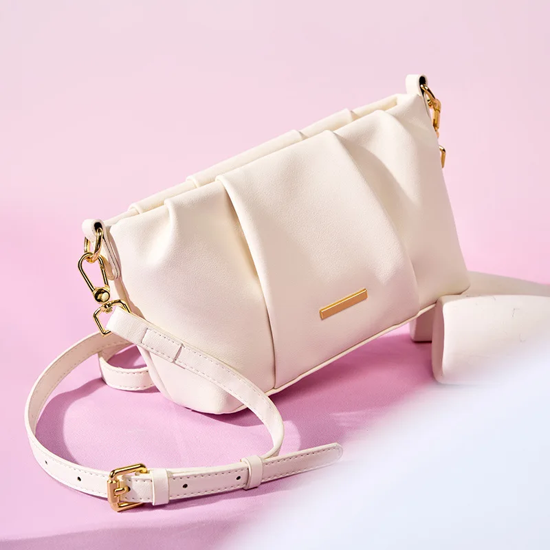 

Summer Women's Luxury Genuine leather pleated small square bag Shoulder crossbody cowhide clouds bag For Women Ladies Female