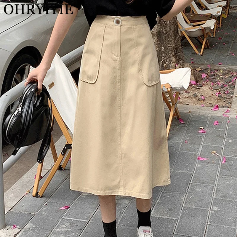 

OHRYIYIE Beige Brown Cotton Loose A-Line Skirt Women 2023 New Spring Summer Casual Mid Long High Waist Big Pocket Skirt Female
