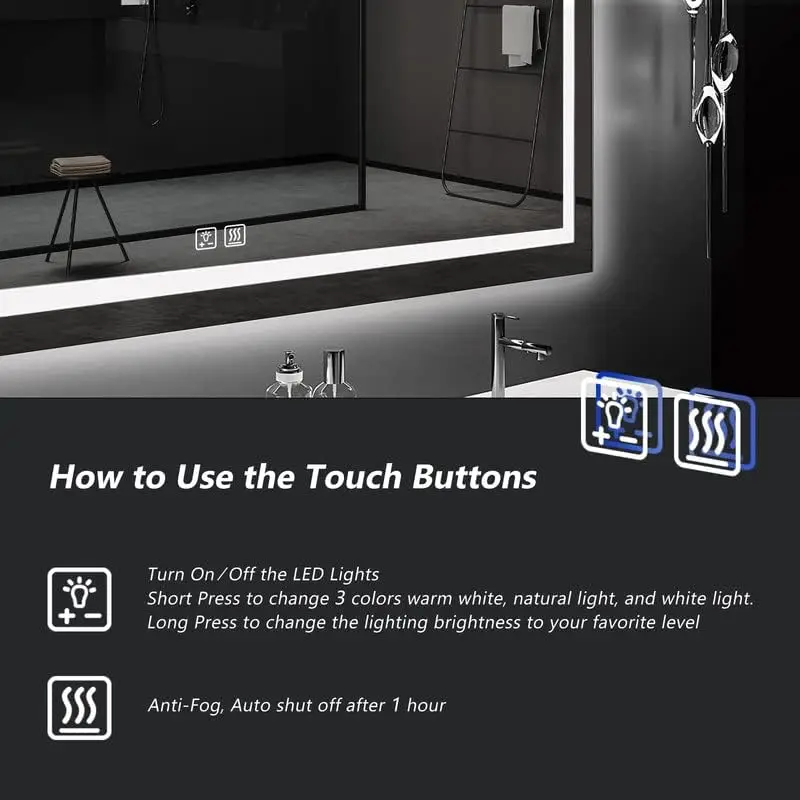 48 x 36 Inches LED Bathroom Mirror with Front  ,Anti-Fog,3 Colors and Dimmable Light 3