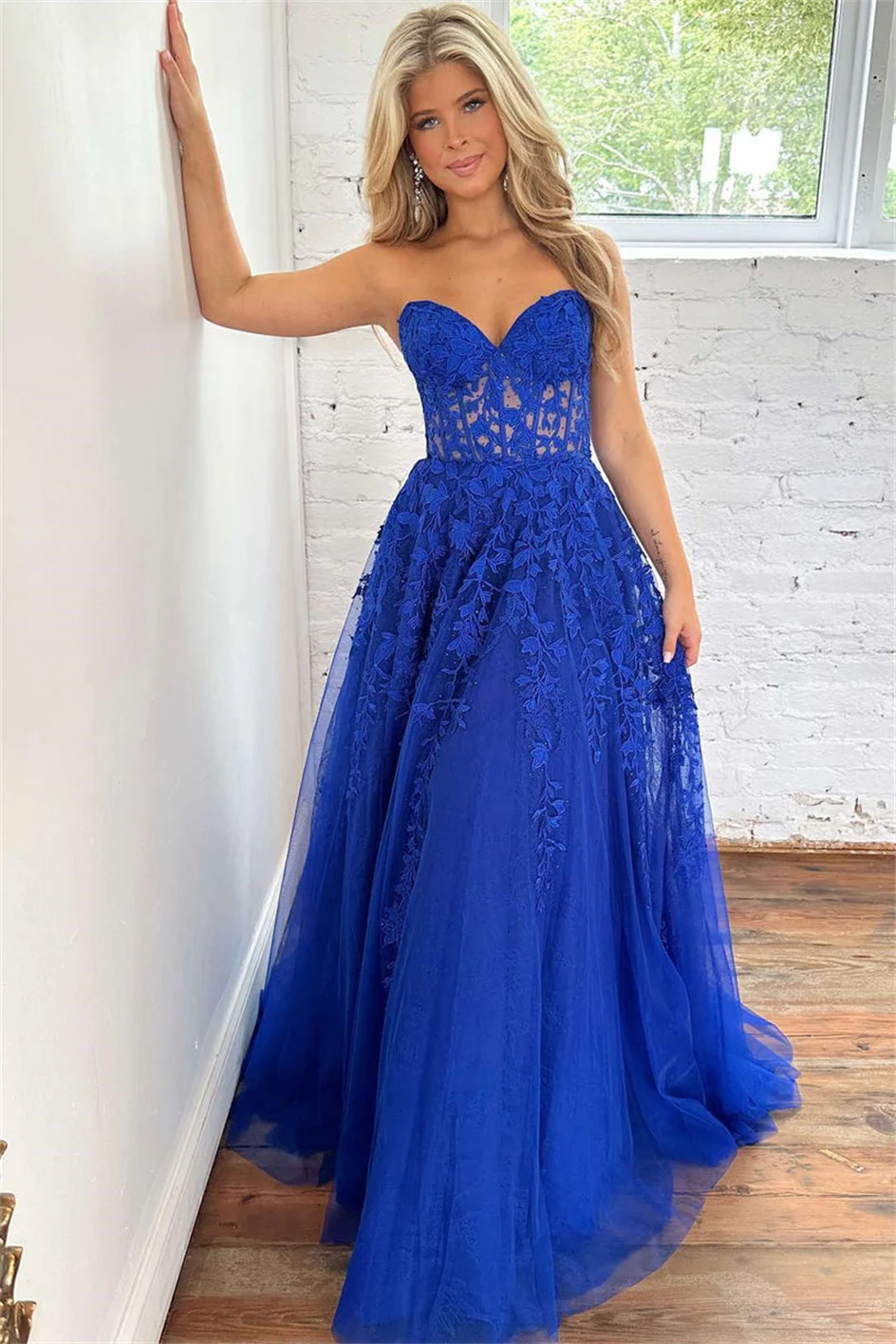 

Shiyicey 2024Sleeveless Appliques Ball-Gown Floor-length Lace Up Illusion Prom Party Dresses Bridesmaid Woman Evening Gowns 2024