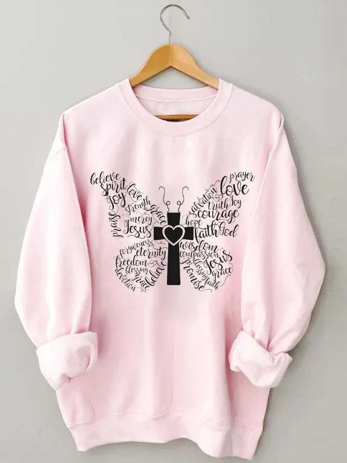 Jesus Butterfly Letter Printed Casual Crew Neck Sweatshirt