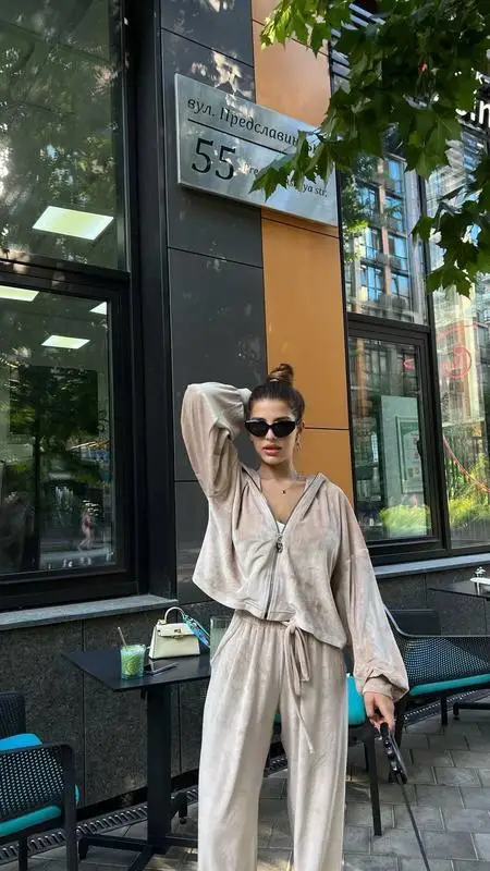 Early Autumn Fashion Golden Velvet Zipper Drawstring Casual Set for Women's High Grade Corduroy Zipper Loose Casual Set - Image 2