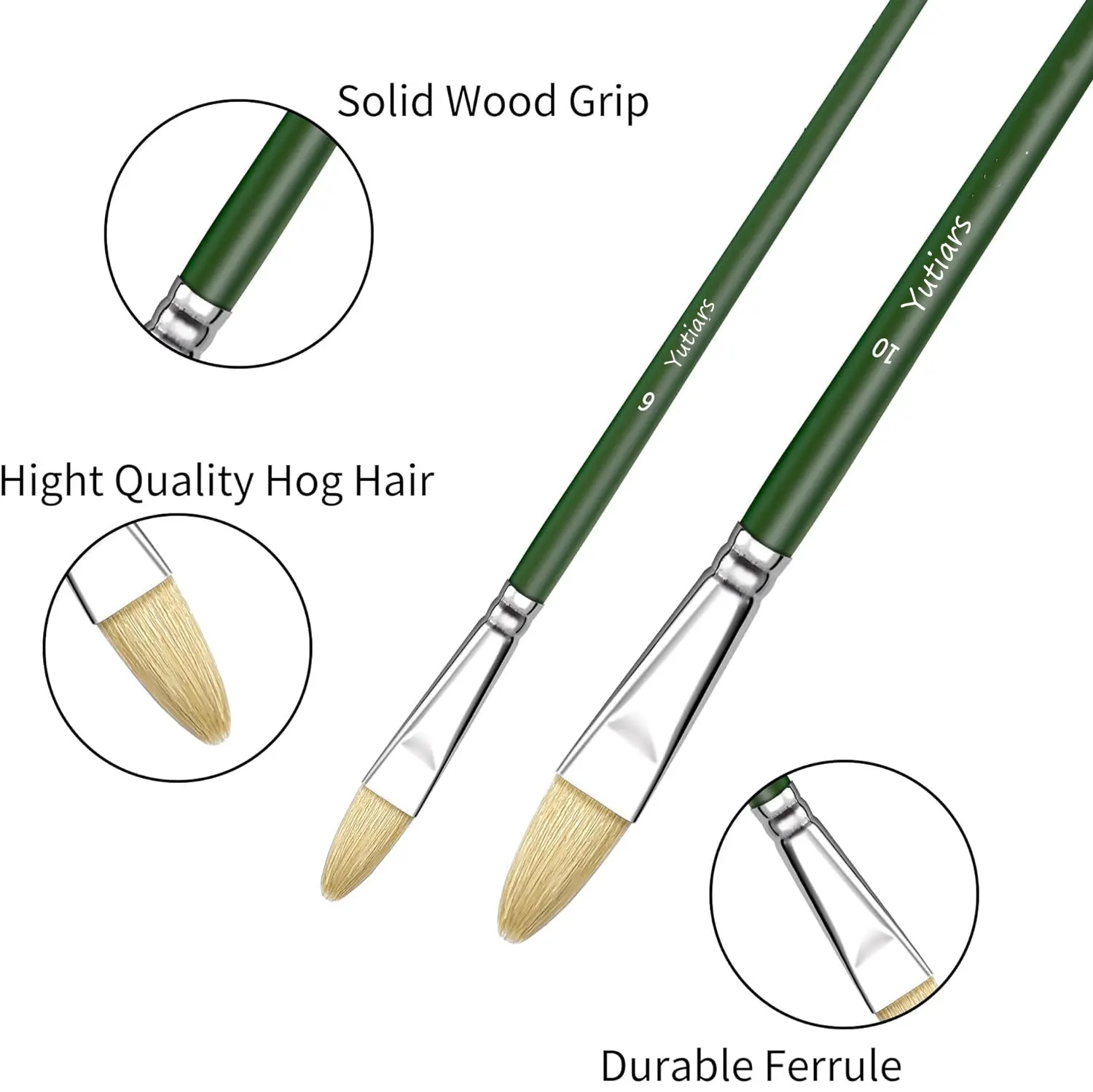 Yutiars 6pcs Professional Hog Bristle Filbert Oil Paint Brushes Set, Long Wooden Handle Natural Hog Bristle Acrylic Paint Brush 3