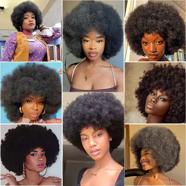 High Puff Afro Wig Short Kinky Curly Wig With Bangs Black Natural Ombre Synthetic Hair For Women Party Dance Female Bob Wigs 6