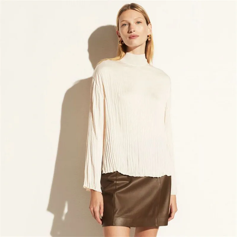 

2022 spring and summer new women's tops, design pleated ribbed half turtleneck straight long sleeves solid color t-shirt women