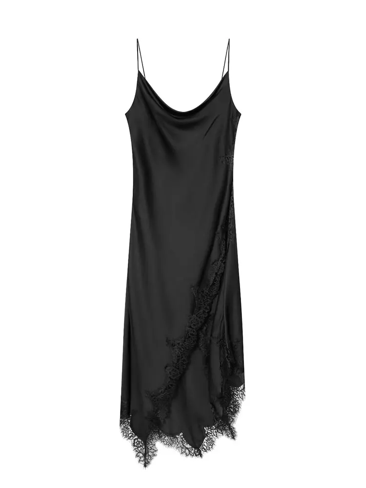 HH Women Sexy Backless Spaghetti Strap Long Dress Asymmetric Hem Lace Dress Woman Elegant Fashion Club Party Evening Dress