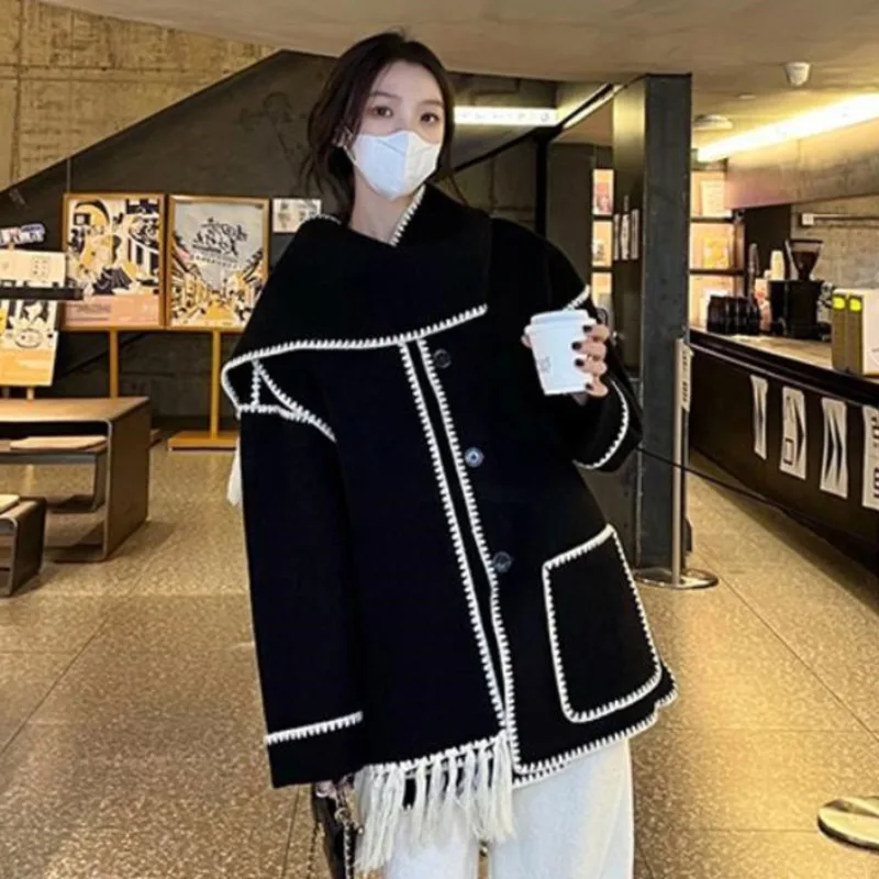 Elegant Chic Women's Coat With Scarf Fashion Long Sleeve Pocket Cardigan Hoodie Female Coats 2023 Autumn Winter Lady Overcoat