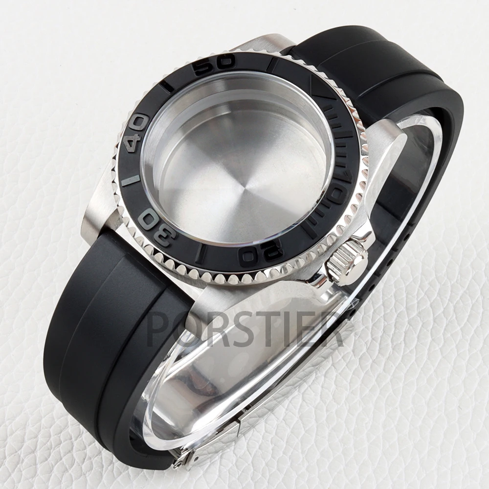 Stainless Steel 40mm Yacht Watch Case with Sapphire Glass & Rubber Strap - 100m Waterproof