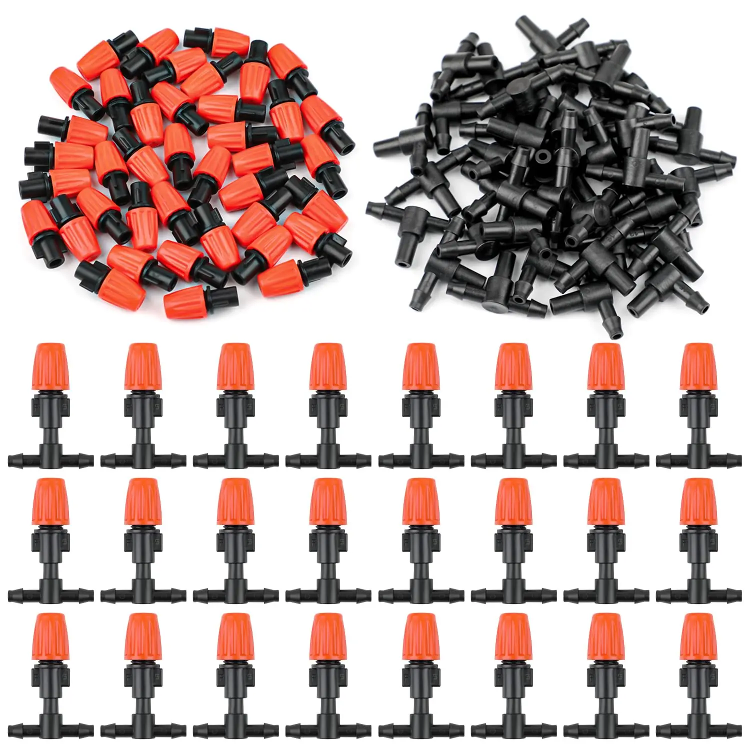 7.5-10L/H T-Type Orange Adjustable Misting Nozzle /W 1/4”Tee Connector for Garden Greenhouse 4/7mm Hose Sprayer Watering System