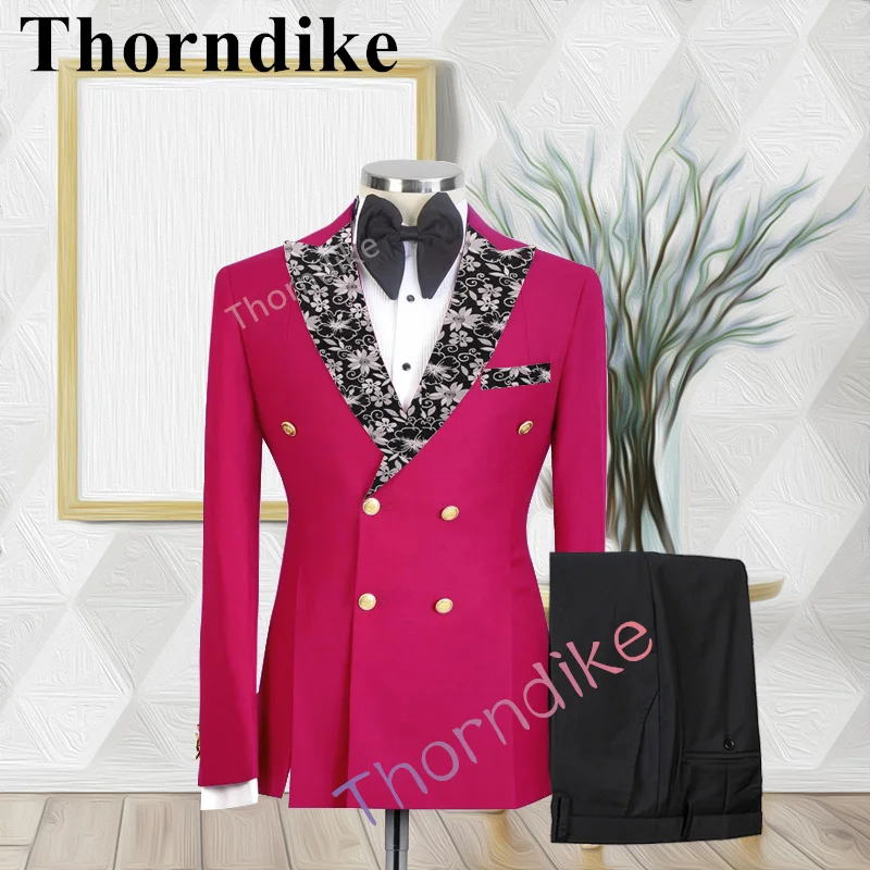 

Thorndike New Arrivals Fashion Jacquard Collar Casual Wedding Groom Suit Double Breasted Rose Red Tuxedo Blzaer 2 Piece Set