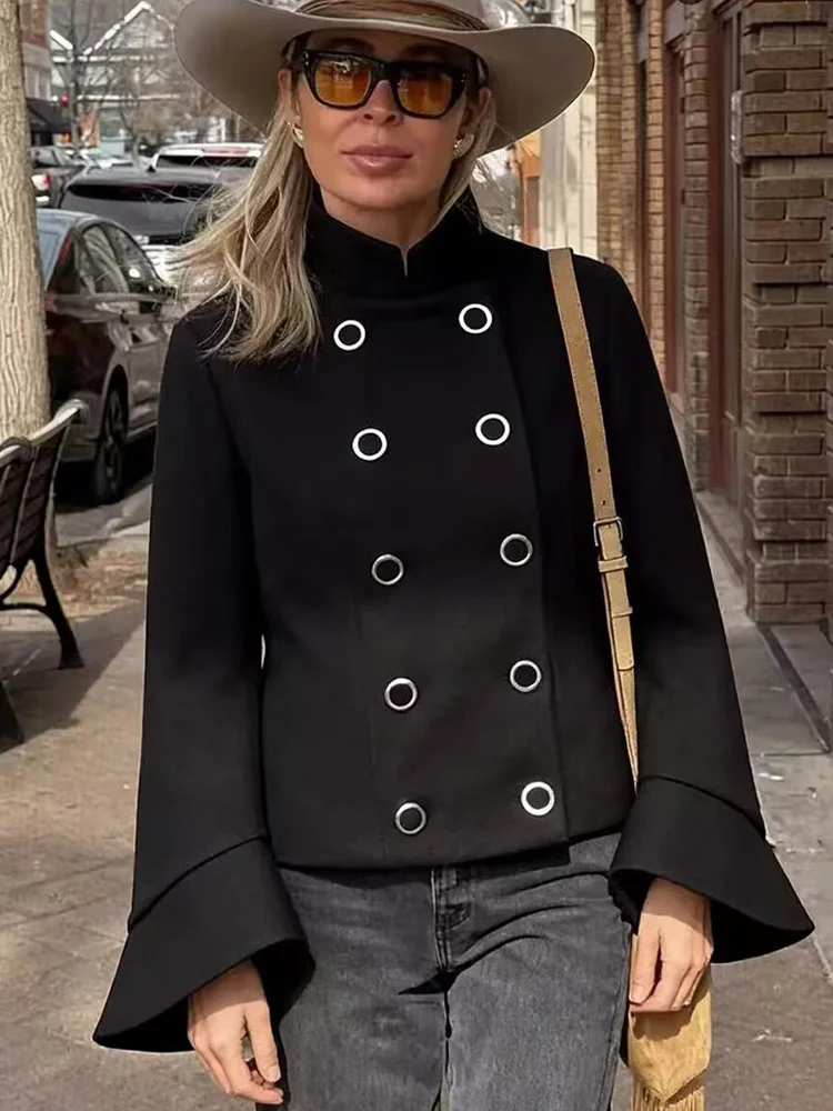 Winter Short Woolen Jackets For Women 2025 New Fashion Notched Collar Double Breasted Loose Batwing Sleeve Coats Female