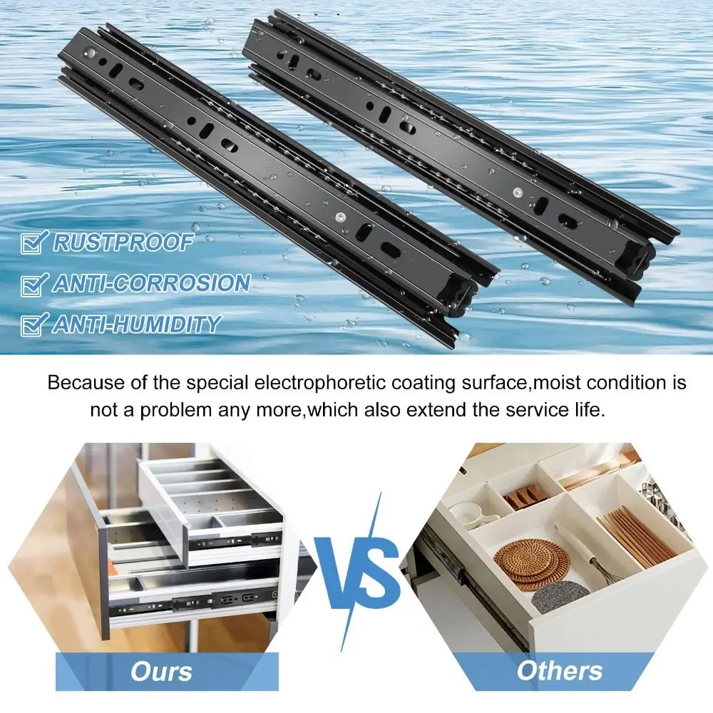 Black Drawer Slides Heavy Duty Easy Installation Ball Bearing Drawer Rails Steel Smooth Operation Side Mount Runners Kitchen
