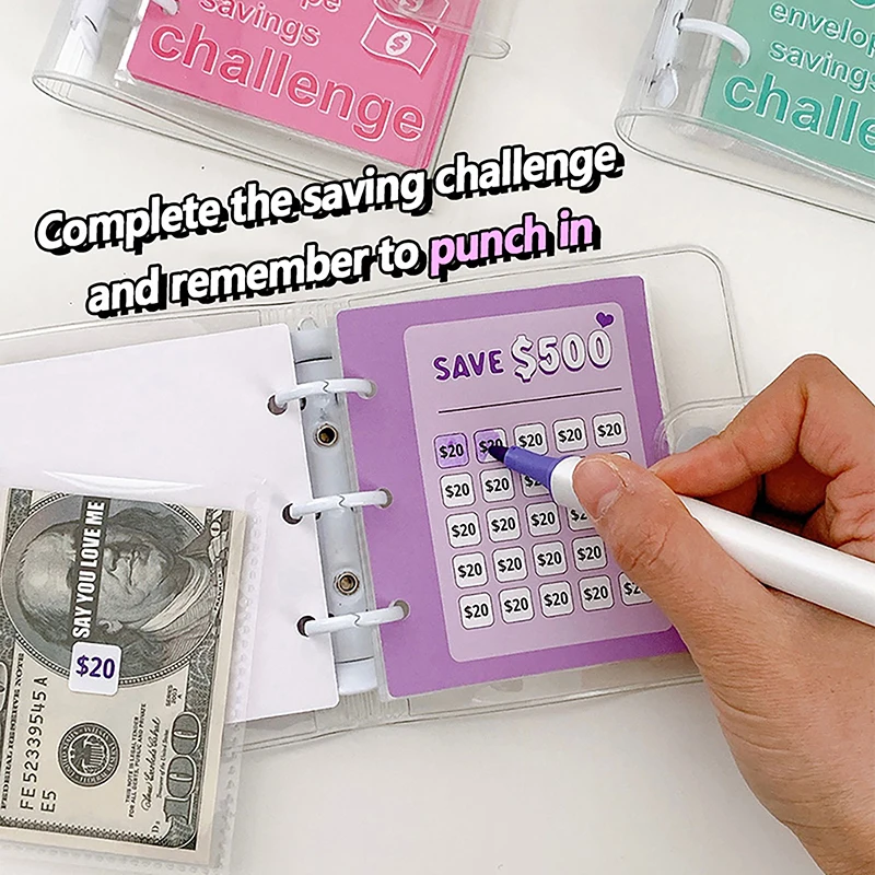 PVC $1000 Money Savings Challenge Binder Button Closure Mini Budget Binder Envelope Savings Challenges Book Durable Portable