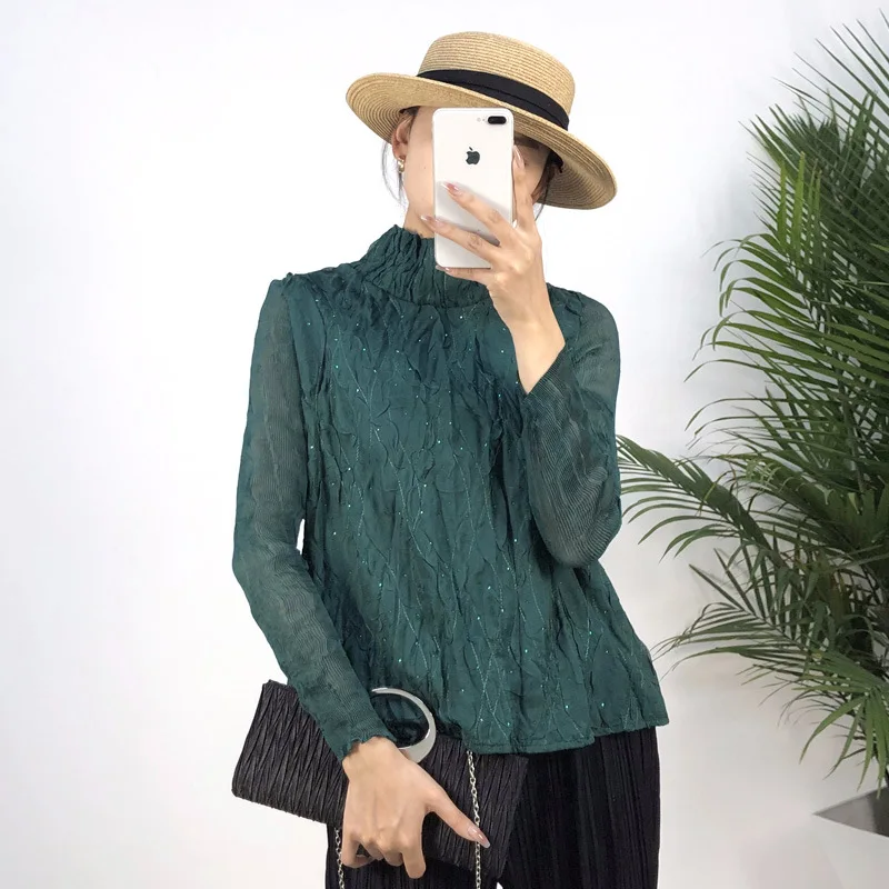 

Miyake Pleated Women's Long-sleeved Tops 2024 Spring New Fashion Heavy Industry Beaded Half-high Collar Loose Pleated Tops