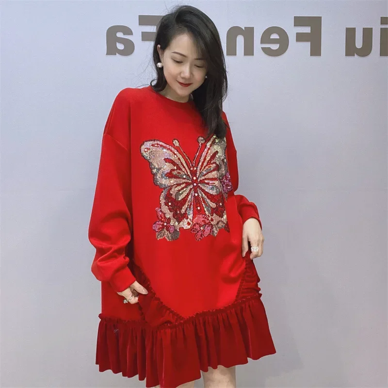 

Fashion Design Diamonds Dress for Women Clothing O Neck Pullovers Loose Dress Cartoon Butterfly Pattern Long Sleeve A Dresses