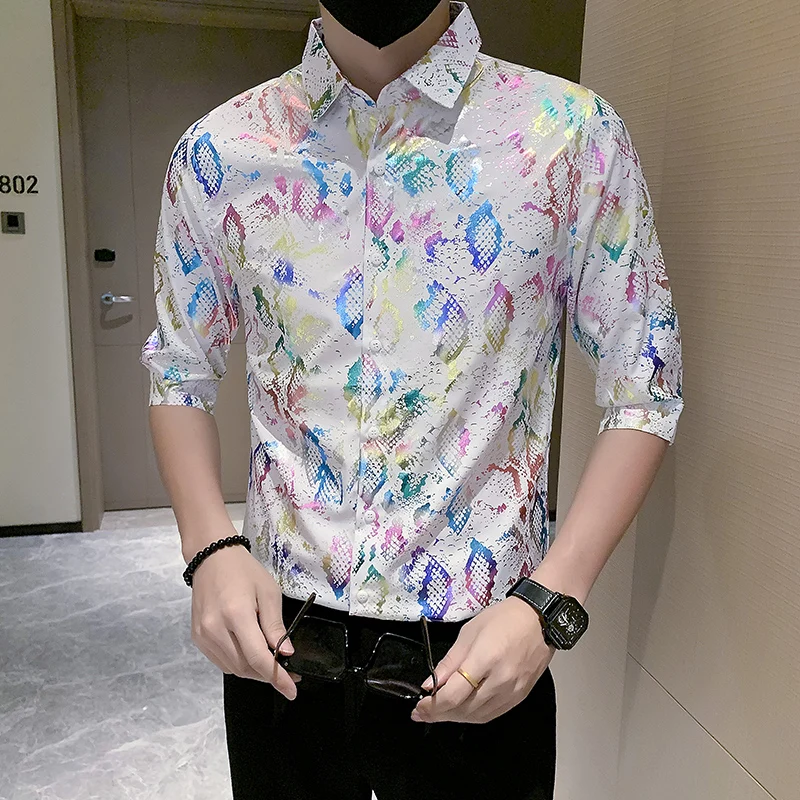 

Black/White Summer Half Sleeve Floral Shirts For Men Clothing 2023 All Match Slim Fit Casual Club/Prom Tuxedo Streetwear 3XL-M