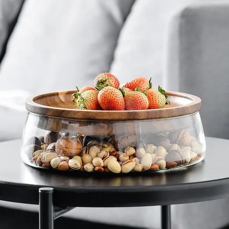 Creative Wooden Cake Pan Food Storage Box with Glass Lid Kitchen Fruit Cake Dessert Nuts Snack Kitchen Storage Box 3