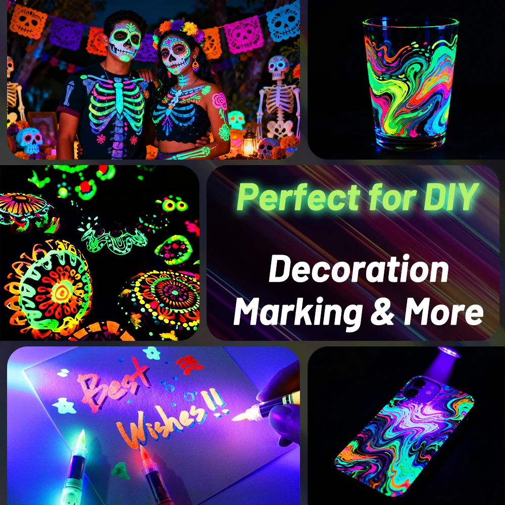 8색 형광 마커 야광 그래피티 펜 DIY 공예 및 바디 아트 할로윈, 파티, 콘서트, 월드컵에 적합