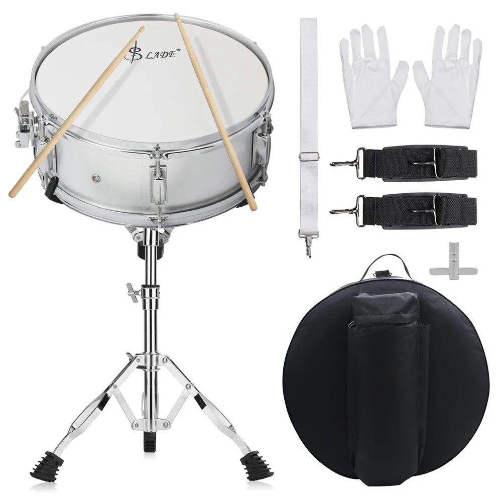 

14 Inches Silver Snare Drum Set Drum Percussion Instrument Jazz Drum Set with Bag Stand Strap Accessory for Beginners Practice