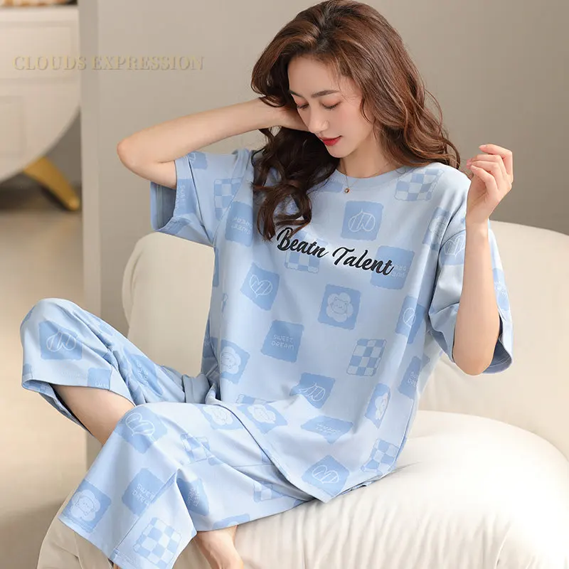 Women Capri Pajama Set Cartoon Print Short Sleeve Top+Pants Sleepwear  Homewear Cotton Nightwear Capris Set Soft Women's Pyjamas - AliExpress