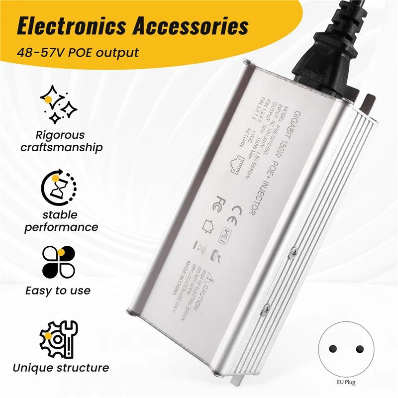 스타링크 2세대/3세대용 150W 패시브 PoE 인젝터 | 48-56Vdc PoE 출력의 110-240Vac | 100/1000/2500M 속도 | 알루미늄 하우징